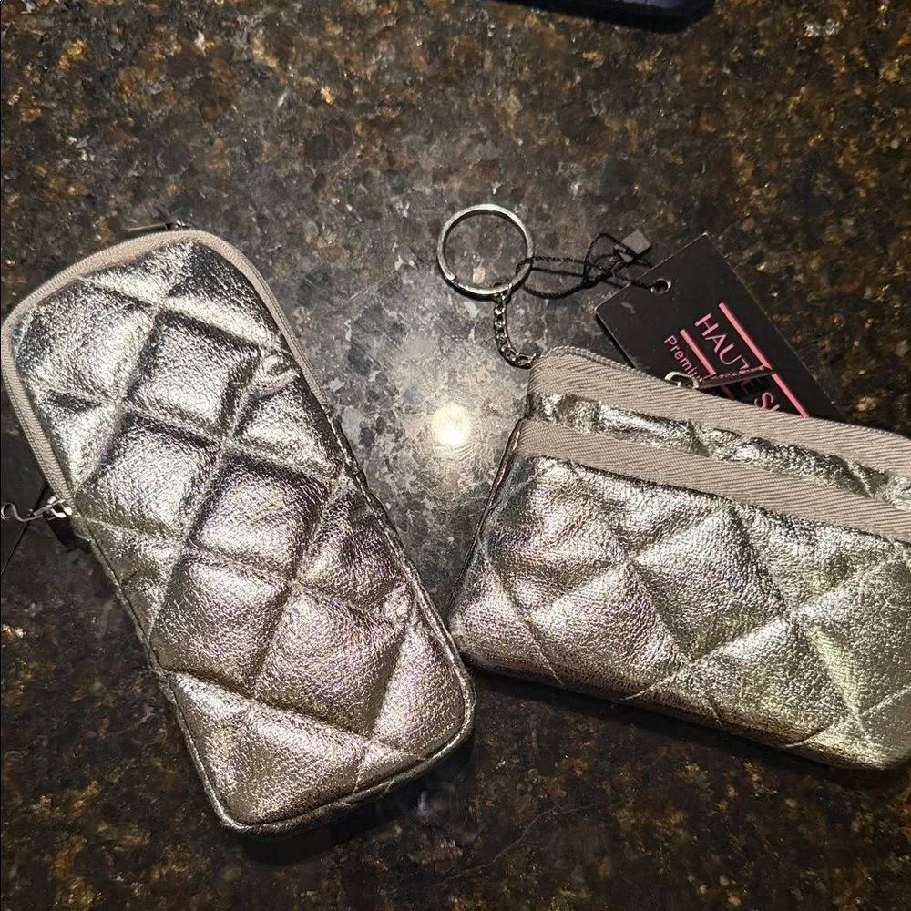 Silver Quilted Pouch Keychain Set amd Sunglass Holder - NWT Zippers